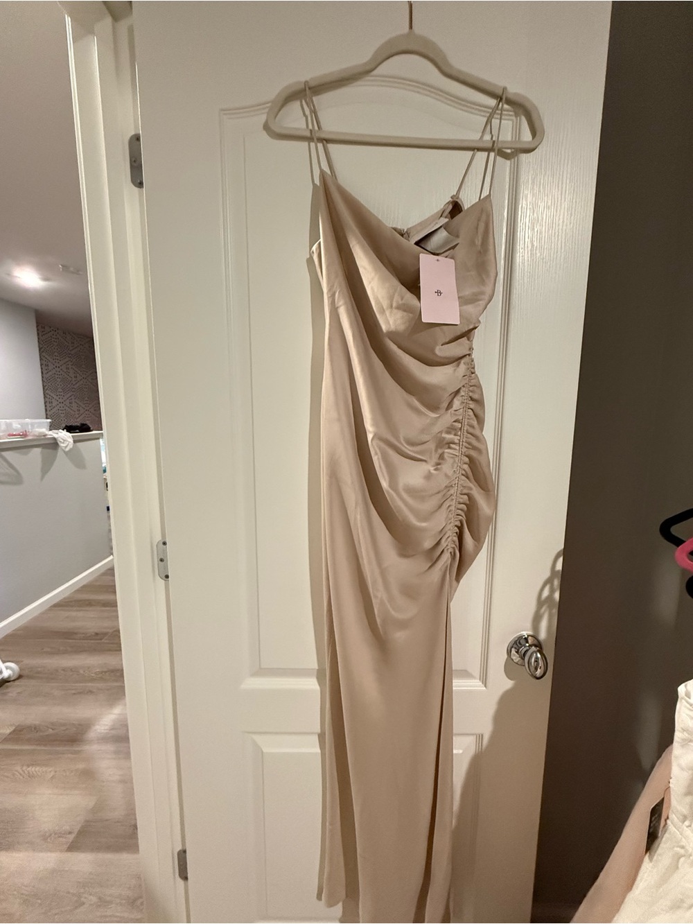 BHLDN Ruched Satin Slip Dress in Nude